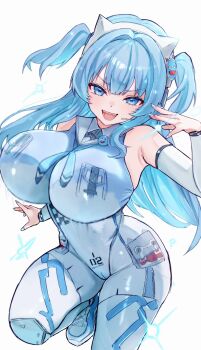  1girl animal_ear_headphones animal_ears blue_eyes blue_hair bodypaint bodysuit breasts cat_ear_headphones cat_ears curvy detached_sleeves fake_animal_ears goddess_of_victory:_nikke headphones headset highres huge_breasts kunimoto_rikuya long_hair looking_at_viewer mekami_shifty_(nikke) multicolored_bodysuit number_print open_mouth painted_clothes short_twintails smile solo twintails white_background white_bodysuit 