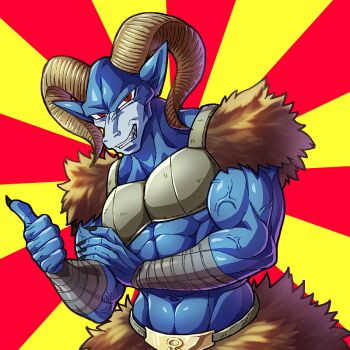  1boy bandaged_arm bandages belt black_nails blue_skin body_fur brown_fur colored_skin commentary dragon_ball dragon_ball_super fingernails furry furry_male goat_boy goat_horns grin horns long_fingernails male_focus moro_(dragon_ball) muscular muscular_male navel pointy_ears red_background red_eyes sharp_fingernails sharp_teeth smile solo sunburst sunburst_background teba_motoko teeth thumbs_up two-tone_background upper_body veins veiny_arms yellow_background  rating:Sensitive score:5 user:danbooru