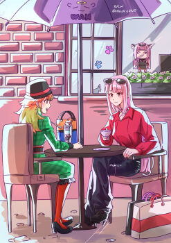  2girls :3 absurdres alternate_costume animal_ears black_dress black_tiara blush breasts chibi cleavage couple dress earrings feather_earrings feathers fluffy_hair gradient_hair highres hololive hololive_english jewelry large_breasts long_hair long_sleeves looking_at_another looking_at_viewer mori_calliope multicolored_hair multiple_girls open_mouth orange_hair pink_hair purple_eyes red_eyes shirt smile smol_calli standing takanashi_kiara tiara virtual_youtuber walfie_(style) weird_cat_(mori_calliope) xu_chin-wen yuri 