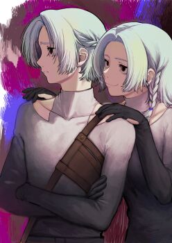 1girl 1other behind_another braid breasts clothing_cutout collarbone covered_collarbone cowboy_shot crossed_arms curtained_hair dark_persona double_other_genderswap dual_persona forehead frown frustrated furrowed_brow genderswap genderswap_(otf) genderswap_(otm) gnosia gradient_clothes gradient_shirt half_up_braid hands_on_another's_shoulders highres medium_breasts naughty_face no_jacket other_focus parted_bangs partially_fingerless_sleeves profile sabiiiii sanpaku shirt shoulder_strap single_braid smile smirk standing turning_head turtleneck turtleneck_shirt white_hair yuri_(gnosia)