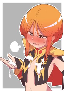 1girl absurdres armor black_capelet black_sleeves blush capelet chocolate chocolate_on_body chocolate_on_breasts chocolate_on_hand detached_sleeves flat_chest food_on_body food_on_hand gundam gundam_zz half-closed_eyes hand_up highres loli long_sidelocks navel neo_zeon no_shirt onimaru_(onimal7802) open_mouth orange_hair outline pauldrons puff_of_air puru_two sexually_suggestive short_hair shoulder_armor sidelocks solo suggestive_fluid sweatdrop upper_body v-shaped_eyebrows white_chocolate white_outline