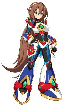  armor armored_boots bikini_armor black_bodysuit bodysuit boots breastplate breasts brown_hair chest_jewel circuit_board_print commentary_request gem gorget green_eyes hair_between_eyes hairband hand_on_own_hip highres iris_(mega_man) jewelry joints knee_boots knee_pads large_breasts light_blush long_hair looking_at_viewer mechanical_arms mechanical_boots mechanical_legs mega_man_(series) mega_man_x_(series) mega_man_x_dive milliani multicolored_armor robot_joints shoulder_armor sidelocks 