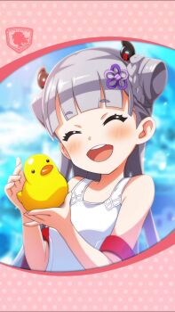  1girl artist_request blush braid closed_eyes double_bun framed_image hair_bun hair_ornament hair_ribbon highres long_hair official_art one-piece_swimsuit open_mouth phantom_of_the_kill ribbon rubber_duck silver_hair smile swimsuit white_one-piece_swimsuit yata_no_kagami 