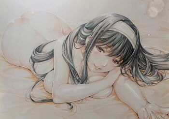  1girl ass bed_sheet black_hair blush breasts closed_mouth colored_pencil_(medium) commentary_request completely_nude earrings hairband highres jewelry katsu_(24791909) large_breasts lips long_hair lying marker_(medium) nude on_stomach red_eyes solo spy_x_family traditional_media white_hairband yor_briar 