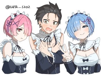  1boy 2girls black_bow black_hair black_ribbon blue_eyes blue_hair bow breasts brown_eyes cleavage commentary_request covering_chest covering_privates crossdressing crossdressing_(mtf) detached_sleeves disgust embarrassed frills hair_ornament hair_over_one_eye highres looking_at_viewer maid multiple_girls natsuki_subaru pink_eyes pink_hair pink_ribbon purple_ribbon ram_(re:zero) re:zero_kara_hajimeru_isekai_seikatsu rem_(re:zero) ribbon roswaal_mansion_maid_uniform short_hair siblings signature simple_background sisters smile twins ura_1202 v white_background x_hair_ornament 