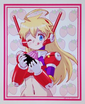  1girl :q ahoge android apollo_chocolate armor artist_name blonde_hair breasts choukadou_girl_1/6 closed_mouth commentary_request dated food fruit_background hairband hands_up highres holding holding_food long_hair looking_at_viewer medium_breasts mizutani_kenta navel nona_(choukadou_girl_1/6) one_eye_closed oversized_food oversized_object red_hairband robot_ears smile solo strawberry_background tongue tongue_out upper_body 