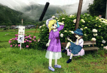  2girls :d abandoned alternate_headwear bench black_shoes blonde_hair blue_bow blue_hat blue_shoes blue_skirt book bow brown_eyes brown_hair bus_stop choker closed_mouth dress flower flower_request frilled_dress frills grass hat hat_bow hat_ribbon holding holding_book holding_cloth holding_pen location_request maribel_hearn medium_hair mob_cap multiple_girls myouga_teien on_bench one_eye_closed open_mouth partially_translated pen purple_dress real_world_location red_ribbon ribbon ribbon-trimmed_skirt ribbon_trim rural shirt shoes short_hair short_sleeves sign sitting skirt smile socks standing touhou translation_request usami_renko white_hat white_shirt white_socks yellow_eyes zun_(style) 