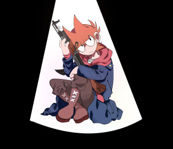  1boy absurdres antenna_hair bandaged_neck bandages black_background black_eyes blue_coat boots brown_boots brown_hair brown_pants buttons coat commentary_request drawstring eddsworld fewer_digits flipped_hair frown full_body gun hair_ears highres holding holding_gun holding_weapon hood hood_down hoodie jitome long_sleeves male_focus military_coat military_uniform pants plain_epaulettes red_hoodie red_leader_(eddsworld) short_hair simple_background sitting solo spotlight t0-mkrn toon_(style) tord_(eddsworld) weapon 