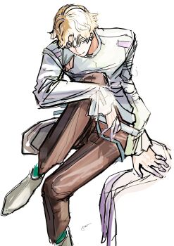  1boy alien_stage blonde_hair brown_pants clothing_cutout colored_extremities commentary_request from_above fujikura1234 highres long_sleeves luka_(alien_stage) male_focus pants shirt shoes short_hair simple_background sitting sketch solo very_short_hair white_background white_shirt white_shoes yellow_eyes 
