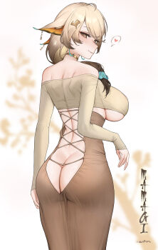  1girl alternate_breast_size arthropod_girl ass_cutout backless_dress backless_outfit bare_shoulders blonde_hair blue_scrunchie blush breasts brown_choker brown_dress brown_eyes brown_hair butt_crack choker clothing_cutout cosplay cropped_shirt cross-laced_clothes cross-laced_dress dress earrings from_behind gradient_hair guitar_little_sister_(hitomi_o) guitar_little_sister_(hitomi_o)_(cosplay) hair_ornament hair_over_shoulder hair_scrunchie hairclip heart highres indie_virtual_youtuber insect_girl jewelry large_breasts long_sleeves looking_at_viewer looking_back moth_girl multicolored_hair no_panties nose_blush off-shoulder_shirt off_shoulder parted_lips sanagi_yuzu sanagi_yuzu_(yuzu_2.0) scrunchie seductive_smile shirt smile solo spoken_heart swept_bangs underboob virtual_youtuber whispering_for_nothing yellow_shirt  rating:Questionable score:118 user:danbooru