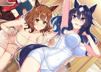  3girls animal_ears aston_machan_(umamusume) beauty_anshinzawa black_shorts blonde_hair blue_eyes blue_hair blush breasts bridal_lingerie brown_hair cleavage clipboard closed_mouth commentary_request green_eyes hair_between_eyes highres holding holding_clipboard horse_ears horse_girl horse_tail jacket large_breasts lingerie long_hair midriff mole mole_under_eye multicolored_hair multiple_girls navel open_mouth red_jacket shorts smile tail tape_measure umamusume underwear verxina_(umamusume) white_shorts zenrakishi 