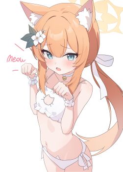 1girl absurdres animal_ear_fluff animal_ears bare_arms bare_shoulders bell blue_archive blue_eyes blush bra breasts cat_cutout cat_ear_panties cat_ears cat_lingerie choker clenched_hands clothing_cutout collarbone commentary cowboy_shot double-parted_bangs english_text fang flower frilled_bra frills hair_between_eyes hair_flower hair_ornament hair_ribbon halo hands_up highres long_hair mari_(blue_archive) navel neck_bell nonddu orange_hair panties paw_pose ponytail ribbon side-tie_panties simple_background skin_fang small_breasts solo stomach underwear white_background white_choker white_panties white_ribbon wrist_cuffs rating:Sensitive score:51 user:danbooru