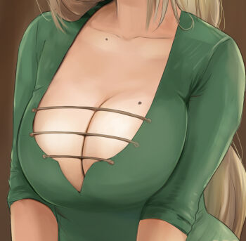  1girl bad_id bad_pixiv_id blonde_hair breasts brown_background brown_hair cleavage close-up collarbone dress female_focus ghisi head_out_of_frame large_breasts long_hair mole mole_on_breast original simple_background solo special_g_(spg) upper_body  rating:Sensitive score:53 user:danbooru
