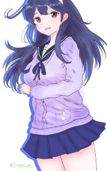  1girl ahoge black_hair blue_sailor_collar breasts brown_eyes cardigan commentary_request cowboy_shot hair_ornament hairband kantai_collection long_hair medium_breasts nekojita_kavu open_mouth pleated_skirt purple_cardigan sailor_collar school_uniform serafuku skirt smile solo twitter_username ushio_(autumn_2015)_(kancolle) ushio_(kancolle) white_background 