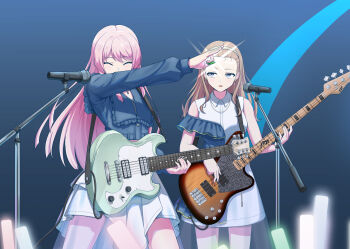  2girls anglediana animal_ears bang_dream! bang_dream!_it's_mygo!!!!! bass_guitar blue_eyes blue_jacket blush chihaya_anon chinese_commentary closed_eyes commentary_request electric_guitar esp_guitars forehead grey_hairband guitar guitar_strap hairband highres holding holding_phone instrument jacket long_hair long_sleeves microphone microphone_stand multiple_girls multiple_others nagasaki_soyo open_mouth phone pink_hair skirt white_background white_skirt 