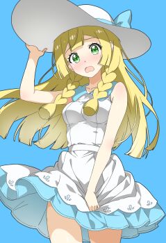  1girl absurdres armpit_crease blonde_hair blue_background blush bow braid braided_sidelocks breasts collarbone cowboy_shot dress dress_tug green_eyes hand_on_headwear hat hat_bow highres lillie_(pokemon) long_hair looking_at_viewer matsuokalive10 medium_breasts nintendo open_mouth pokemon pokemon_sm revision simple_background solo sun_hat taut_clothes taut_dress very_long_hair white_hat wind wind_lift 