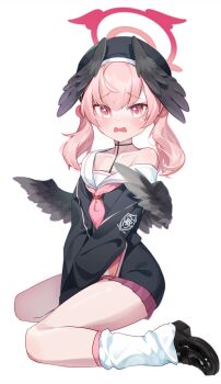  1girl absurdres beret between_legs black_hat black_shirt black_shoes black_wings blue_archive blush body_markings book collarbone commentary dated_commentary embarrassed feathered_wings full_body hair_between_eyes halo hand_between_legs hat head_wings highres koharu_(blue_archive) long_sleeves looking_at_viewer loose_socks low_wings medium_hair miniskirt multiple_wings nabenyaa neckerchief nose_blush open_mouth pink_eyes pink_hair pink_halo pink_neckerchief pink_skirt pleated_skirt sailor_collar sailor_shirt school_uniform serafuku shirt shoes simple_background single_bare_shoulder sitting skirt socks solo twintails wariza wavy_mouth white_background white_sailor_collar white_socks wings 