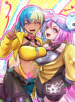  2girls :d bandeau blue_eyes breasts canari_(pokemon) collar commentary_request cropped_jacket dark-skinned_female dark_skin gen_1_pokemon heart heart-shaped_pupils highres iono_(pokemon) jacket large_breasts magnemite midriff miyakura_haruto multicolored_hair multiple_girls nintendo open_mouth pants pink_eyes pokemon pubic_tattoo smile split-color_hair symbol-shaped_pupils tattoo twintails two-tone_hair v yellow_bandeau yellow_jacket 