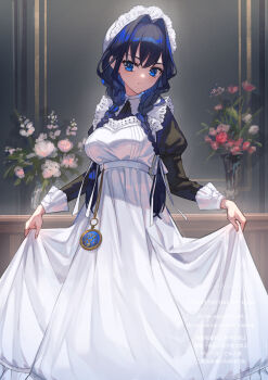  1girl apron black_dress blue_eyes blue_hair braid breasts closed_mouth colored_inner_hair commentary dress expressionless fanged_bangs flower frilled_apron frilled_hat frills hair_intakes hair_over_shoulder hat highres hololive hololive_english indoors juliet_sleeves large_breasts long_dress long_hair long_sleeves looking_at_viewer low_twin_braids maid maid_apron mob_cap multicolored_hair official_alternate_costume official_alternate_hairstyle ouro_kronii ouro_kronii_(maid) puffy_sleeves puritan_collar skirt_hold solo twin_braids victorian_maid virtual_youtuber white_apron white_hat xyunx 