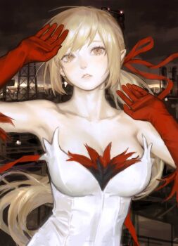  1girl absurdres bare_shoulders blonde_hair breasts brown_background brown_eyes brown_sky commentary_request dress elbow_gloves feather-trimmed_dress gloves hair_ribbon highres incredibly_absurdres kiss-shot_acerola-orion_heart-under-blade kiss-shot_acerola-orion_heart-under-blade_(young_adult) kizumonogatari large_breasts light_blush long_hair looking_at_viewer monogatari_(series) oshino_shinobu outdoors parted_lips pointy_ears red_gloves red_ribbon ribbon solipsist solo strapless strapless_dress upper_body vampire very_long_hair white_dress 