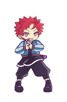  1boy :d antenna_hair beads black_kimono black_nails black_pants black_shoes blue_jacket capri_pants choppy_bangs commentary ear_piercing english_commentary eyeshadow fang full_body harai_kuko harem_pants highres hypnosis_mic jacket jacket_over_kimono japanese_clothes jewelry juban kermitrolling kimono legs_apart long_sleeves looking_at_viewer makeup male_focus multicolored_jacket multiple_piercings multiple_rings open_clothes open_jacket open_mouth own_hands_together palms_together pants parody piercing pinky_ring plug_(piercing) prayer_beads puyopuyo red_eyeshadow red_hair ring shoes short_hair sideways_glance silver_ring simple_background smile solo spiked_hair standing style_parody sukajan takenami_hideyuki_(style) two-tone_jacket v-shaped_eyes very_short_hair white_background white_jacket yellow_eyes 