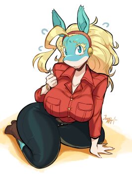  1girl absurdres arm_support blonde_hair blue_eyes boku_no_hero_academia breasts curvy female_focus full_body furry furry_female highres ippan_josei jamoart kneeling large_breasts looking_at_viewer medium_hair solo tears thick_thighs thighs wide_hips  rating:Sensitive score:1 user:catonfire26