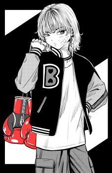 1girl androgynous bandaid bandaid_on_cheek bandaid_on_face boxing_gloves cargo_pants chain chain_necklace commentary_request cowboy_shot eyebrows_hidden_by_hair gloves greyscale hand_on_own_hip highres holding holding_gloves holding_unworn_clothes jacket jewelry lee_(dragon_garou) letterman_jacket medium_hair monochrome necklace original pants red_gloves solo spot_color tomboy unworn_gloves 