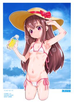  1girl bikini breasts brown_hair cameltoe comic_lo hat highres hot loli long_hair micro_bikini mudou_eichi navel original panties purple_eyes side-tie_bikini_bottom sky small_breasts solo sun_hat sweat swimsuit underwear 