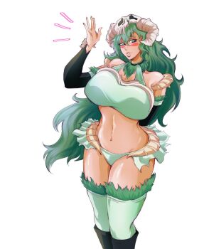  1girl arm_behind_back bare_shoulders bleach bleach:_sennen_kessen-hen boots breasts collarbone detached_sleeves espada facial_mark female_focus fur_trim green_hair knee_boots large_breasts lips long_hair looking_at_viewer mask mask_on_head navel nelliel_tu_odelschwanck official_alternate_costume parted_lips simple_background skull_on_head solo solo_focus standing stomach thighhighs thighs veeepawoon waving white_background 