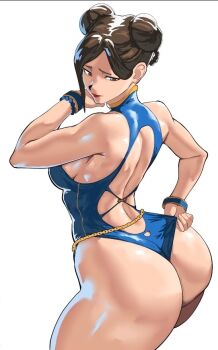  1girl adjusting_clothes adjusting_swimsuit alternate_costume ass back back_cutout bare_shoulders bead_bracelet beads belly_chain blue_one-piece_swimsuit bracelet braid breasts brown_eyes brown_hair capcom chun-li closed_mouth clothing_cutout commentary cowboy_shot curvy double_bun earrings embarrassed english_commentary from_behind from_side hair_bun highleg highleg_one-piece_swimsuit huge_ass jewelry looking_at_viewer looking_back looking_down medium_breasts octavius_(octavius_dp) official_alternate_costume one-piece_swimsuit red_lips shiny_skin skindentation solo street_fighter street_fighter_6 swimsuit thighhighs thighs thong_one-piece_swimsuit white_background wide_hips 