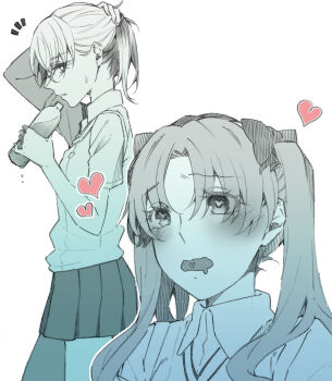  2girls blush bottle bow collared_shirt commentary_request greyscale hair_bow hand_in_own_hair heart heart-shaped_eyes higashizukihi_sei highres long_hair medium_hair miniskirt misaka_mikoto monochrome multiple_girls notice_lines pleated_skirt school_uniform shirai_kuroko shirt skirt spot_color sweat sweater_vest swept_bangs toaru_kagaku_no_railgun toaru_majutsu_no_index tokiwadai_school_uniform two_side_up water_bottle water_drop white_background yuri 