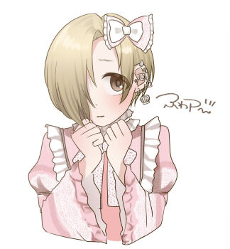  1girl blonde_hair blush bow brown_eyes child commentary_request ear_piercing fuwap_(hijirigakawaii) hair_bow hair_over_one_eye highres idolmaster idolmaster_cinderella_girls japanese_clothes kimono lolita_fashion looking_at_viewer parted_lips piercing pink_kimono shirasaka_koume short_hair solo upper_body wa_lolita 