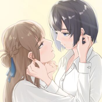  2girls black_hair blue_eyes blue_ribbon braid brown_hair collared_shirt commentary_request funtak grabbing_another's_ear hair_ribbon half_up_braid hand_in_another's_hair hand_on_another's_ear highres holding_hands interlocked_fingers long_hair miyagi_shiori multiple_girls ribbon sendai_hazuki shirt short_hair shuuniichido_classmate_wo_kau_hanashi simple_background white_shirt yellow_background yuri 