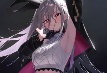  1girl absurdres animal_ears arm_up armpits bare_shoulders black_jacket blush bracelet breasts commentary crop_top ear_piercing earrings english_commentary finger_gun grey_hair grin hair_between_eyes hair_ornament hairclip highres hololive hololive_dev_is isaki_riona isaki_riona_(1st_costume) jacket jewelry long_hair long_sleeves looking_at_viewer medium_breasts nail_polish open_clothes open_jacket piercing rabbit_ears red_eyes selopangji shirt sleeveless sleeveless_shirt smile solo upper_body virtual_youtuber white_shirt 