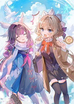  2girls absurdres alternate_costume anger_vein bag black_hair black_skirt black_thighhighs blue_eyes bow bowtie brown_hair closed_eyes columbina_(genshin_impact) commentary_request genshin_impact gou_lianlian_dogface highres jacket looking_at_another multiple_girls neckerchief open_clothes open_jacket open_mouth outdoors pantyhose purple_hair sailor_collar sandrone_(genshin_impact) school_bag school_uniform skirt smile spoken_anger_vein thighhighs white_pantyhose 