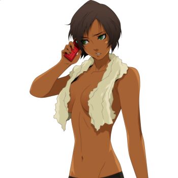  1girl black_hair breasts cellphone chou_shittou_caduceus cleavage dark-skinned_female dark_skin doi_masayuki female_focus green_eyes groin hospital_rokunin_no_ishi large_breasts lowleg maria_torres navel official_art phone short_hair solo topless_female topless_frame towel towel_around_neck towel_over_breasts transparent_background upper_body  rating:Questionable score:111 user:danbooru