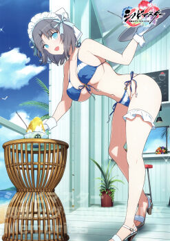  1girl absurdres beach beach_house bikini blue_bikini blue_eyes bow breasts chalkboard cleavage day food front-tie_bikini_top front-tie_top gloves grey_hair hair_bow highres holding holding_tray large_breasts logo looking_at_viewer magazine_scan maid_headdress navel non-web_source ocean official_alternate_costume official_art open_mouth outdoors palm_tree sandals scan senran_kagura senran_kagura_new_link shaved_ice side-tie_bikini_bottom skindentation smile solo spoon spoon_straw striped_bow swimsuit thigh_strap tray tree waitress white_bow white_gloves wrist_cuffs yaegashi_nan yumi_(senran_kagura) 