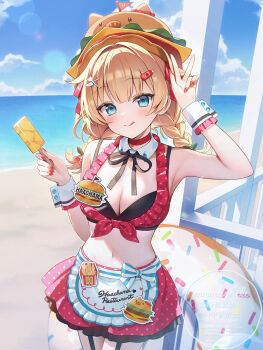  1girl :q akai_haato akai_haato_(waitress) apron artist_name beach bikini black_bikini black_ribbon blonde_hair blue_eyes blue_sky blush braid breasts choker cleavage cloud commentary_request cowboy_shot day detached_collar food food-themed_hair_ornament garter_straps hair_ornament hair_ribbon hamburger_hat highres holding holding_food holding_popsicle hololive innertube large_breasts layered_bikini lens_flare long_hair looking_at_viewer low_twin_braids midriff momoshiki_tsubaki nail_polish name_tag navel ocean official_alternate_costume official_alternate_hairstyle outdoors polka_dot polka_dot_bikini polka_dot_skirt popsicle red_bikini red_choker red_nails red_ribbon red_skirt ribbon shore skirt sky solo standing swim_ring swimsuit tongue tongue_out twin_braids very_long_fingernails virtual_youtuber w waist_apron waitress white_apron white_wrist_cuffs wrist_cuffs 