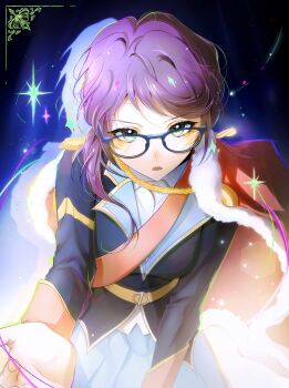  1girl black-framed_eyewear black_background black_jacket blue_background blue_skirt blush collared_shirt commentary cowboy_shot epaulettes fur-trimmed_jacket fur_trim glasses gradient_background green_eyes hair_over_shoulder hand_up highres hoshimi_junna jacket jacket_on_shoulders long_hair long_sleeves looking_at_viewer low_side_ponytail parted_lips pleated_skirt purple_hair reaching reaching_towards_viewer red_sash sanoon sash shirt shoujo_kageki_revue_starlight shoulder_sash side_ponytail skirt solo sparkle standing symbol-only_commentary two-tone_background white_shirt 