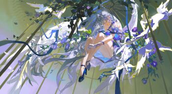  1girl absurdres bird birdcage blue_ribbon blue_shoes cage chinese_commentary closed_eyes commentary_request detached_sleeves dress earrings face_jewel facial_mark facing_down feathered_wings flower full_body gloves halo hand_up head_wings high_heels highres honkai:_star_rail honkai_(series) in_cage jewel_under_eye jewelry kizumi knees_up leaf long_hair morning_glory plant purple_dress purple_flower purple_hair ribbon robin_(honkai:_star_rail) shoes short_sleeves sitting solo two-tone_dress very_long_hair vines white_bird white_gloves white_wings wings 