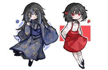  2girls :d aged_down araya_(project_moon) arms_behind_back black_hair black_shoes blue_hair blue_kimono blue_streaks blueberry blunt_bangs blunt_ends bow child chinese_commentary collared_shirt colored_inner_hair commentary_request crying crying_with_eyes_open food fruit full_body grey_eyes hair_bow hand_up highres japanese_clothes kimono limbus_company long_hair long_sleeves looking_at_viewer mother_and_daughter multicolored_hair multiple_girls open_mouth parsley_q project_moon red_bow red_eyes red_skirt ryoshu_(project_moon) shirt shoes short_hair simple_background single_tear skirt smile socks strawberry streaked_hair suspender_skirt suspenders tears two-tone_hair white_background white_shirt white_socks wide_sleeves wing_collar 