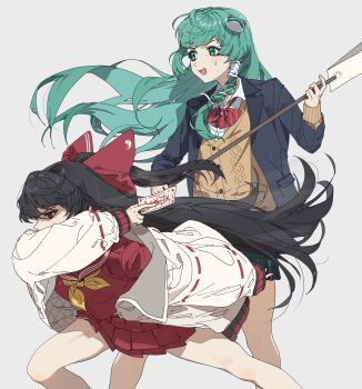  2girls absurdres alternate_costume between_fingers black_hair black_jacket bow bowtie cardigan collared_shirt commentary contemporary fighting_stance frog_hair_ornament gohei green_hair grey_background hair_bow hair_ornament hair_tubes hakurei_reimu highres holding holding_gohei jacket kochiya_sanae long_hair long_sleeves multiple_girls neckerchief ofuda ofuda_between_fingers open_clothes open_jacket open_mouth red_bow red_bowtie red_eyes red_sailor_collar red_shirt red_skirt romaji_commentary sailor_collar sailor_shirt school_uniform shimiya_jin shirt simple_background single_hair_tube skirt smile snake_hair_ornament sweatdrop touhou very_long_hair white_jacket white_shirt yellow_cardigan yellow_neckerchief 