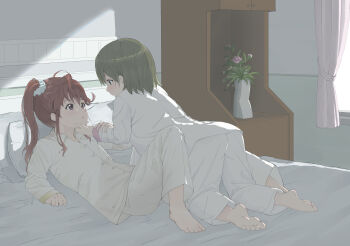 22/7 2girls absurdres highres masaki_(yuuuunno) matsunaga_yuu multiple_girls on_bed pajamas saliva saliva_trail toda_jun yuri rating:General score:28 user:robblu