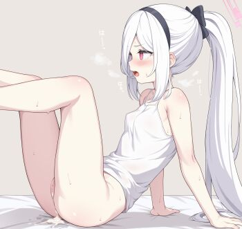  1girl aftersex alternate_hairstyle bar_censor blue_archive blush bottomless breasts camisole censored cum cum_in_pussy cumdrip halo highres kei_(blue_archive) kei_(new_body)_(blue_archive) loli long_hair open_mouth paid_reward_available pink_eyes pink_halo ponytail pussy rectangular_halo small_breasts solo teeth upper_teeth_only white_camisole white_hair yamasan  rating:Explicit score:85 user:CunnyInc