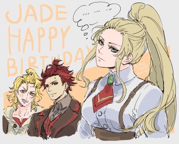  ... 1girl 2boys amber_(fire_emblem) ascot blonde_hair breasts character_name diamant_(fire_emblem) fire_emblem fire_emblem_engage happy_birthday high_ponytail highres jade_(fire_emblem) long_hair looking_at_viewer medium_breasts multiple_boys nintendo ponytail red_ascot red_eyes red_hair sidelocks suspenders umi_(oneinchswing) yellow_eyes 