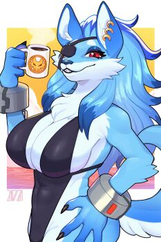  1girl animal_ears backless_leotard black_lips blue_fur blue_hair body_fur breasts cleavage coffee coffee_mug colored_tips commentary covered_abs cuffs cup drinking_glass earrings english_commentary eyepatch fewer_digits furry furry_female hand_on_own_hip highleg highleg_leotard highres holding holding_cup jewelry kiera_(shot_one_fighters) large_breasts leotard long_hair looking_at_viewer m516 mug multicolored_hair one-eyed pelvic_curtain red_eyes second-party_source shackles shot_one_fighters sideboob snout solo tail two-tone_fur white_fur wolf_ears wolf_girl wolf_tail 