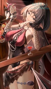  1girl animal_ears arm_up black_hair black_one-piece_swimsuit black_sarong blue_eyes breast_curtains breasts commentary_request cowboy_shot cup drinking_glass earrings fishnet_sleeves fishnets gradient_hair head_rest highres jane_doe_(nocturne_of_light)_(zenless_zone_zero) jane_doe_(zenless_zone_zero) jewelry large_breasts leather_leotard long_hair looking_at_viewer mouse_ears mouse_girl mouse_tail multicolored_hair o-ring o-ring_swimsuit official_alternate_costume one-piece_swimsuit open_mouth red_hair red_nails red_one-piece_swimsuit sarong sharp_tail solo swimsuit tail thigh_strap two-tone_one-piece_swimsuit yukiwashibi zenless_zone_zero 