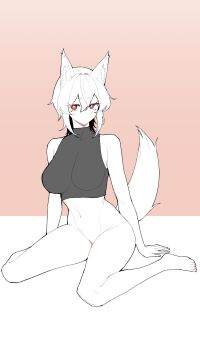  1641_(chfhrtor94) 1girl :o absurdres animal_ear_fluff animal_ears bare_shoulders barefoot blush breasts bright_pupils commentary covered_collarbone crop_top full_body hair_between_eyes highres inubashiri_momiji large_breasts legs looking_at_viewer midriff navel no_panties no_pants red_hair short_hair sitting solo tail thighs touhou wariza white_hair white_pupils wolf_ears wolf_girl wolf_tail 