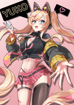  1girl :d absurdres amesuku_gyaru bead_bracelet beads black_shirt black_thighhighs blonde_hair blue_eyes bracelet breasts cellphone character_name cleavage commentary cowboy drop_shadow fang gyaru hanyuu08 hardcore_tano-c highres holding holding_phone j-core jewelry kogal large_breasts legwear_garter logo_hair_ornament long_hair multicolored_hair necktie open_mouth outstretched_hand phone pink_background pink_necktie pink_skirt polka_dot polka_dot_background scrunchie shirt simple_background single_thighhigh skin_fang skindentation skirt smartphone smile speech_bubble standing star-shaped_pupils star_(symbol) streaked_hair symbol-shaped_pupils thighhighs tied_shirt twintails very_long_hair western wrist_scrunchie yuko_(hardcore_tano-c) 