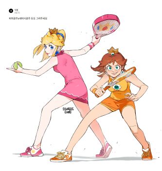  2girls ball blonde_hair blue_eyes brown_hair crown dress earrings flower_earrings green_eyes highres holding holding_tennis_racket jewelry mario_(series) mario_tennis multicolored_shoes multiple_girls nintendo official_alternate_costume orange_nails orange_shoes orange_shorts pink_dress pink_nails pink_shoes princess_daisy princess_daisy_(toadstool_tour) princess_peach princess_peach_(toadstool_tour) racket shirt shoes short_shorts shorts simple_background sleeveless sleeveless_dress sleeveless_shirt sneakers sphere_earrings ssuregigame tennis_ball tennis_racket translation_request two-tone_shoes white_background white_shoes 